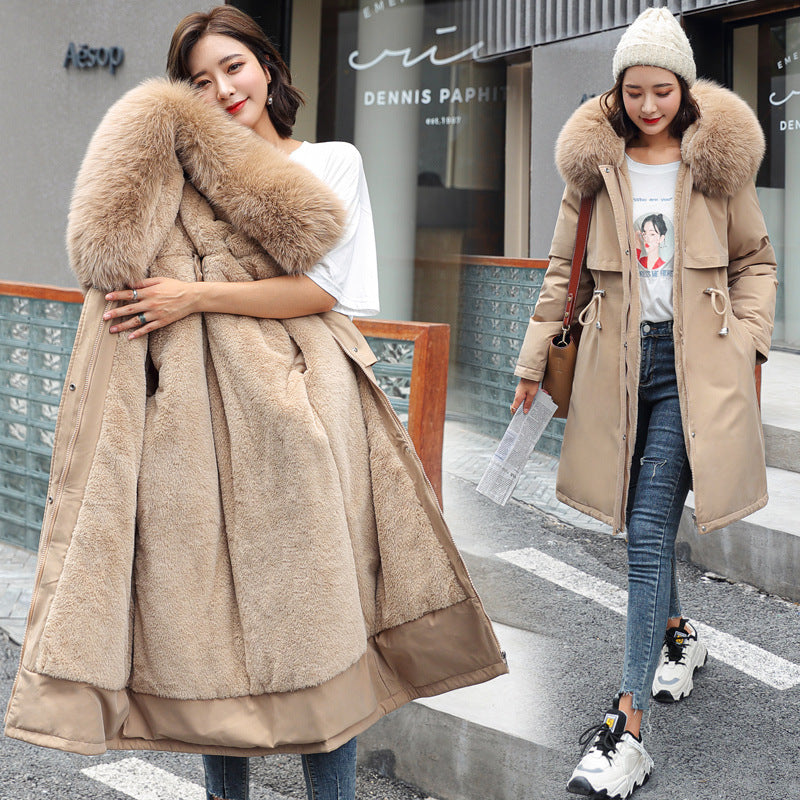 Korean version of long and medium length big fur collar with fleece jacket cotton jacket for women's fashion