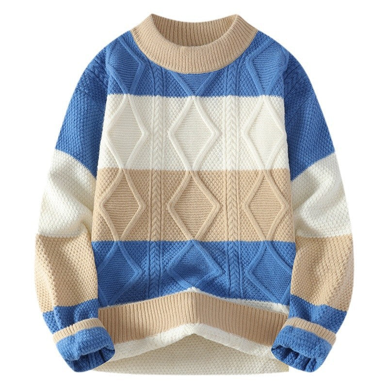 Men's Casual Round Neck Sweater Contrast Color Knitwear Top