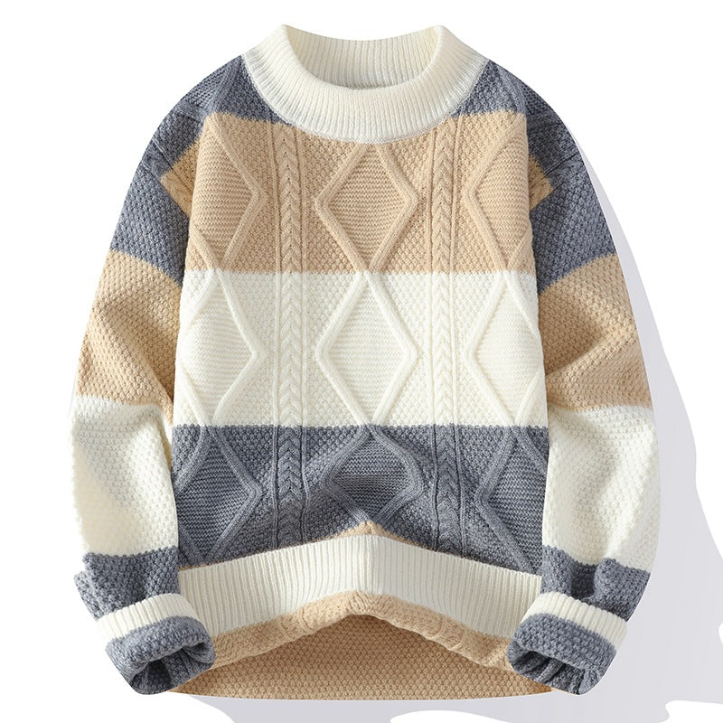 Men's Casual Round Neck Sweater Contrast Color Knitwear Top