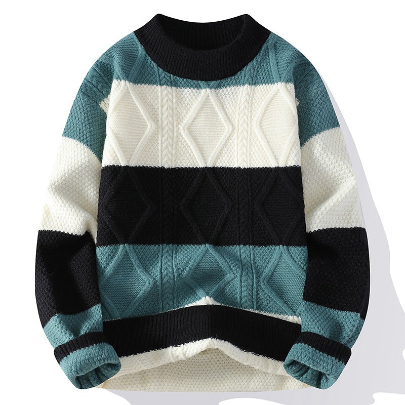 Men's Casual Round Neck Sweater Contrast Color Knitwear Top