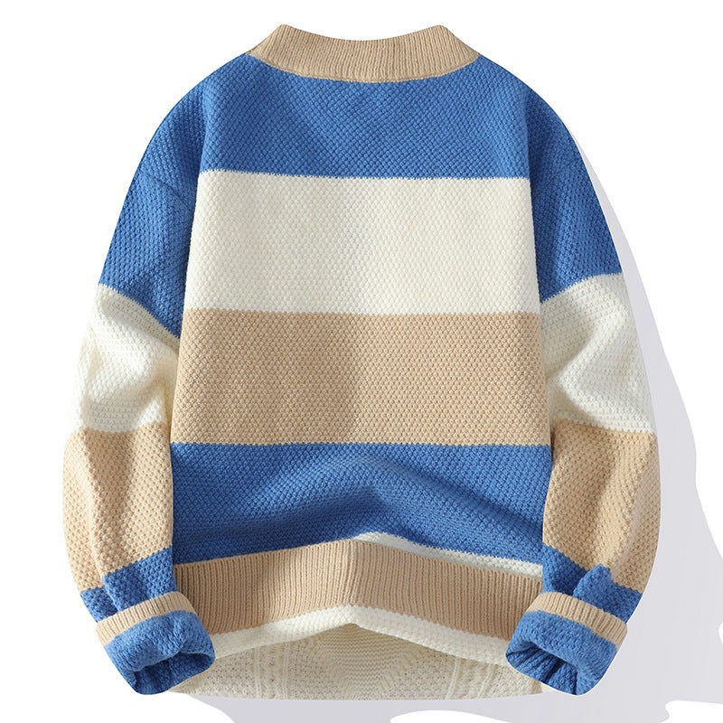 Men's Casual Round Neck Sweater Contrast Color Knitwear Top