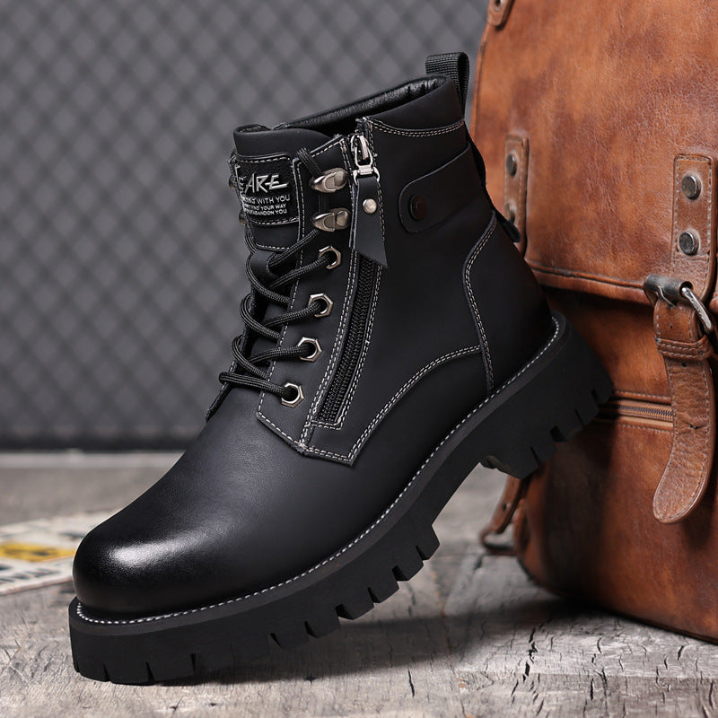 Men's High-top Velvet Thermal Height Increasing Leather Boots