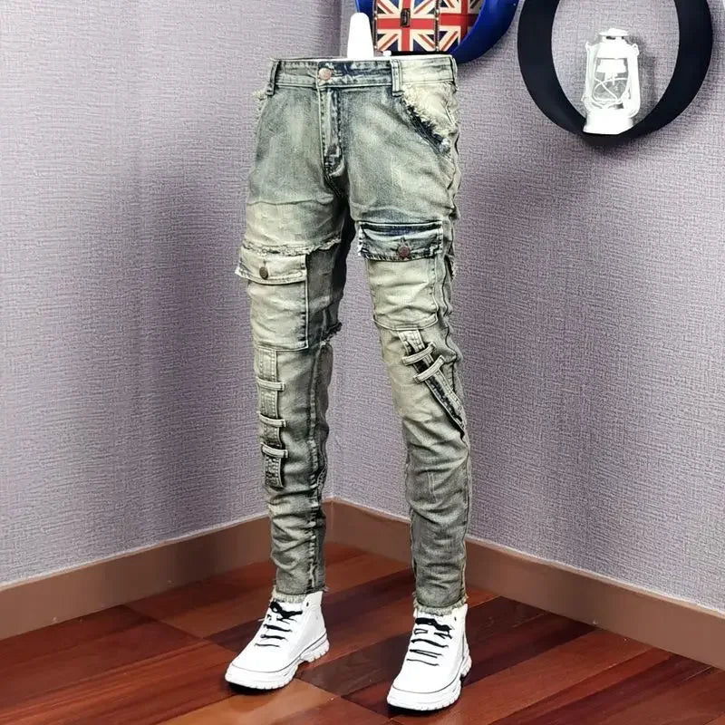 Herfs Winter 2022 Nuwe Gebreekte Denim Jean Mans Pleister Slank voete Mode Retro Cargo Broeke Vintage Pantalon Skinny Homme jeans