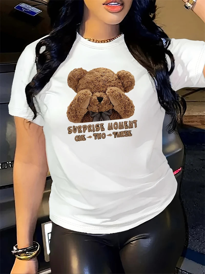 Cartoon Bear Print T-Shirt, Casual Crew Neck Short Sleeve Top For Spring & Summer, Women's Clothing t shirt