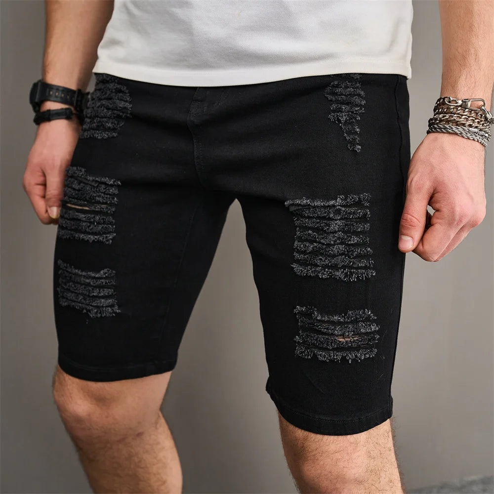 Street Men Holes Distressed Slim Beach Denim Shorts Summer Stylish Solid Male Casual Jean Five-point Pants