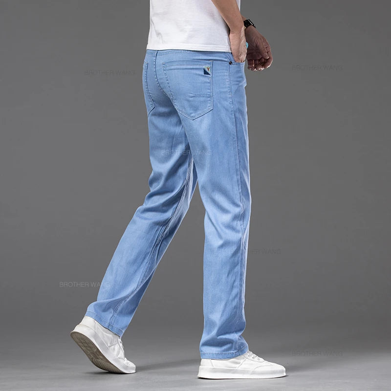 Summer Ultra Thin Men's Loose Jeans Lyocell Drape Ice Silk Fashion Casual Stretch Denim Pants Business Straight Trousers