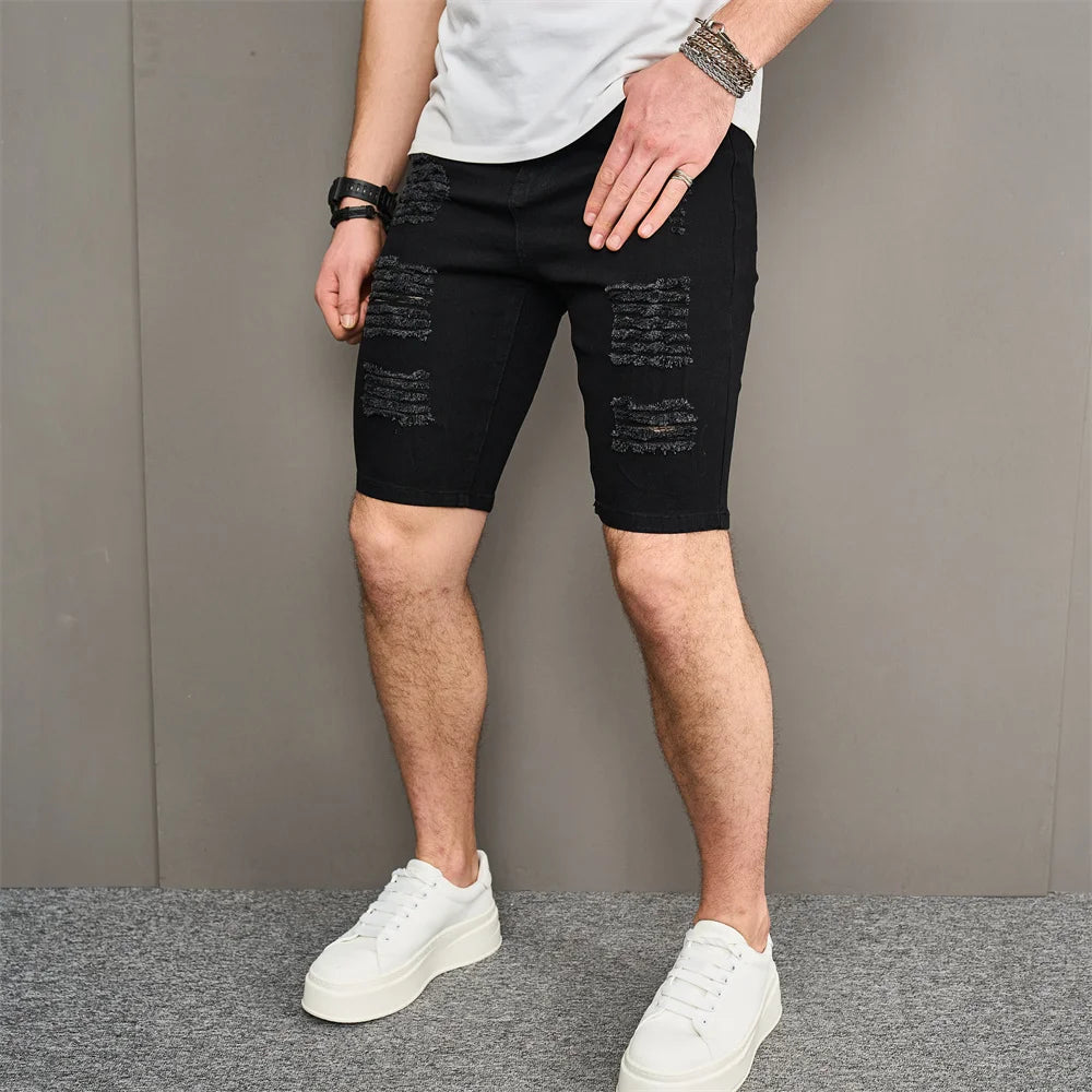 Street Men Holes Distressed Slim Beach Denim Shorts Summer Stylish Solid Male Casual Jean Five-point Pants