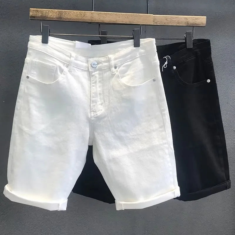 Summer Men's Loose Straight Denim Shorts White Black Casual Knee Length Jeans Shorts