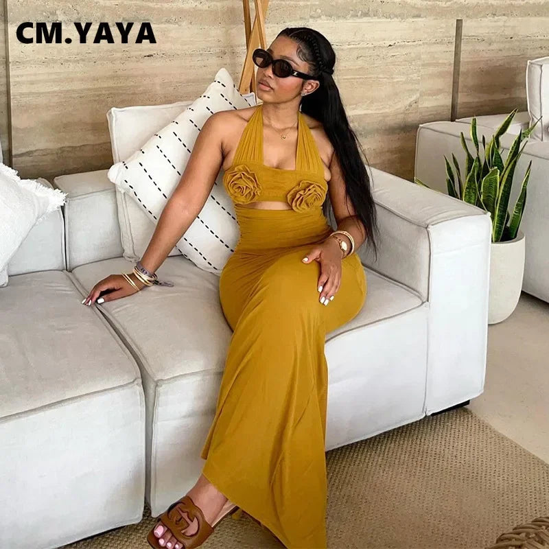 CM.YAYA Women Sleeveless Halter 3D Flower Long Maxi Dress 2024 Ruched Streetwear Birthday Evening Sexy Party Dresses Vestidos