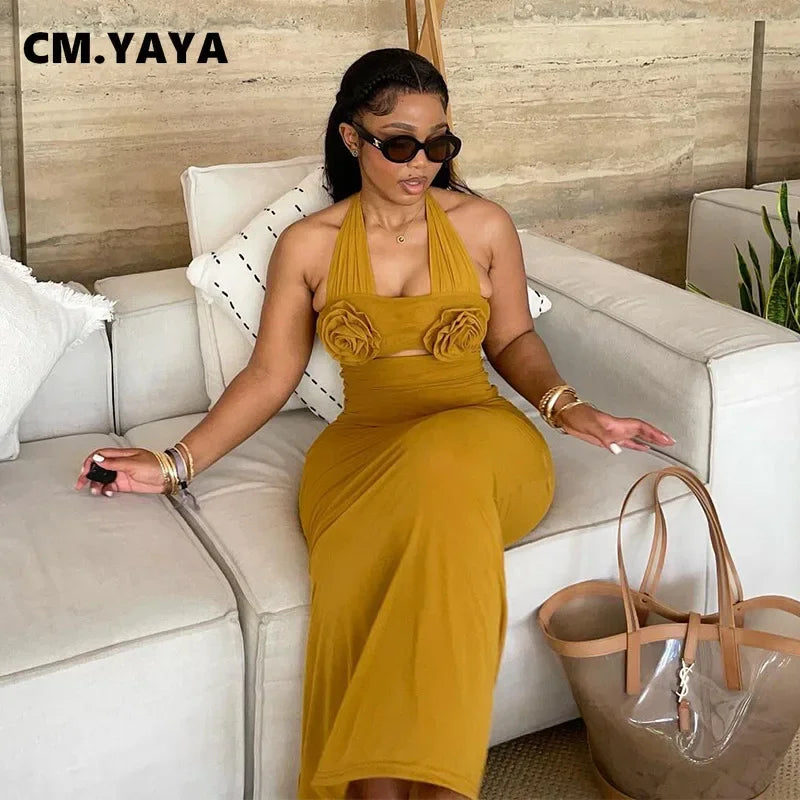 CM.YAYA Women Sleeveless Halter 3D Flower Long Maxi Dress 2024 Ruched Streetwear Birthday Evening Sexy Party Dresses Vestidos