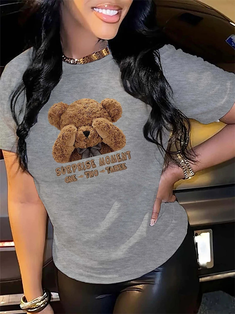 Cartoon Bear Print T-Shirt, Casual Crew Neck Short Sleeve Top For Spring & Summer, Women's Clothing t shirt