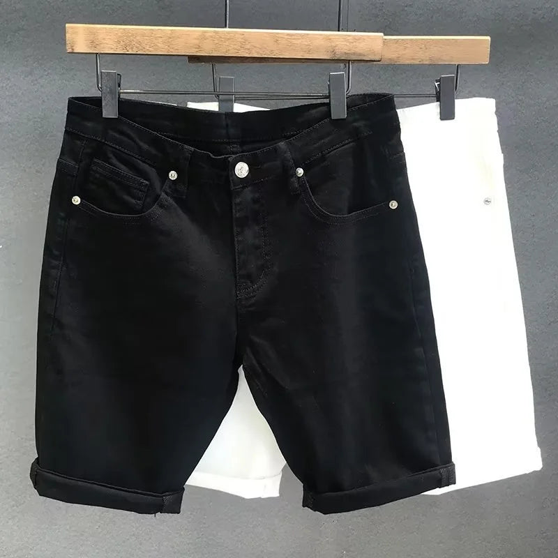 Summer Men's Loose Straight Denim Shorts White Black Casual Knee Length Jeans Shorts