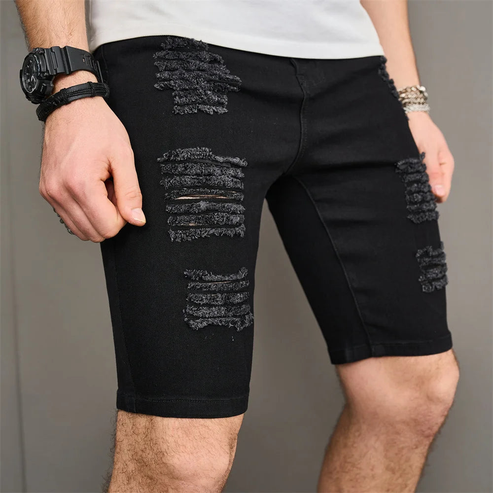 Street Men Holes Distressed Slim Beach Denim Shorts Summer Stylish Solid Male Casual Jean Five-point Pants