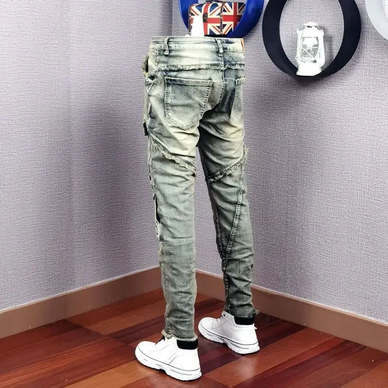 Herfs Winter 2022 Nuwe Gebreekte Denim Jean Mans Pleister Slank voete Mode Retro Cargo Broeke Vintage Pantalon Skinny Homme jeans