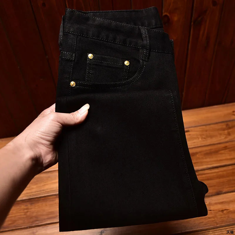 New Men'S Jeans High Quality Straight Slim Embossed Pure Black Men'S Pants Fashion Casual Trend Small Feet Stretch Denim Pants