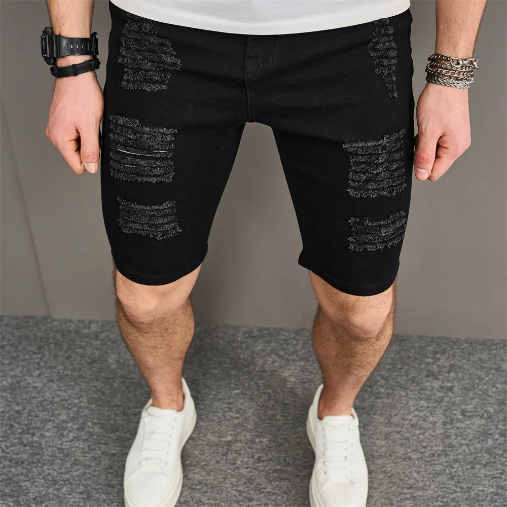 Street Men Holes Distressed Slim Beach Denim Shorts Summer Stylish Solid Male Casual Jean Five-point Pants