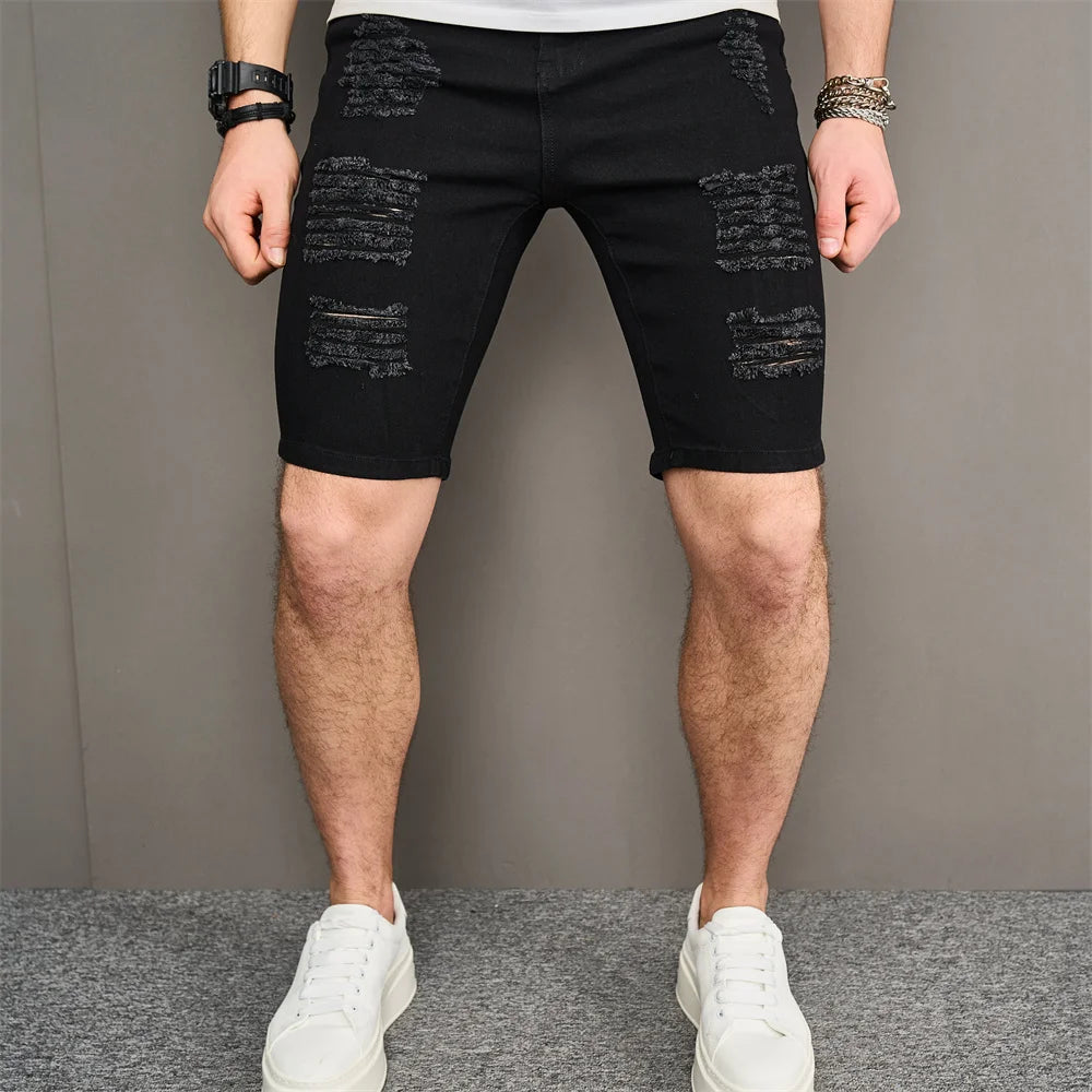 Street Men Holes Distressed Slim Beach Denim Shorts Summer Stylish Solid Male Casual Jean Five-point Pants