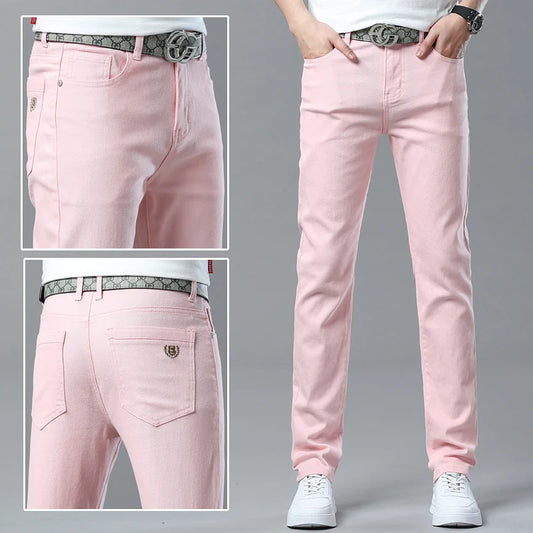 Men High Quality Pink Red Yellow Jeans Fashion Casual Classic Style Slim Fit Soft Trousers Male Brand Advanced Stretch Pants