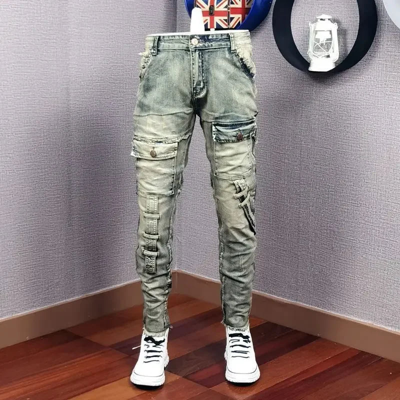 Herfs Winter 2022 Nuwe Gebreekte Denim Jean Mans Pleister Slank voete Mode Retro Cargo Broeke Vintage Pantalon Skinny Homme jeans