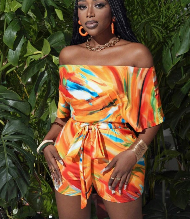 Slaydiva Printed Asymmetrical Neckline Belted Playsuit