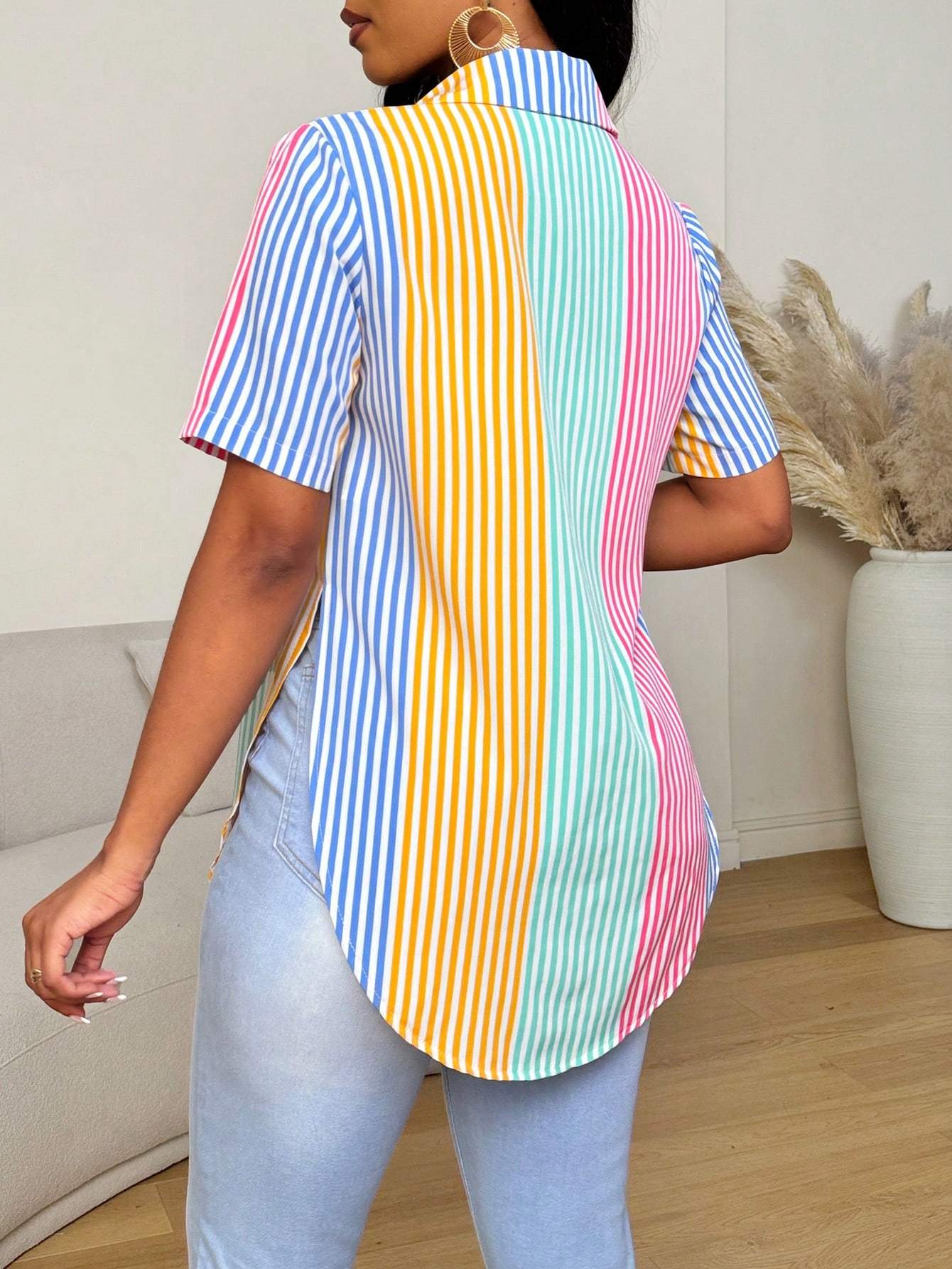 Contrast Color Striped Print Front Button Asymmetrical Hem Short Sleeve Shirt